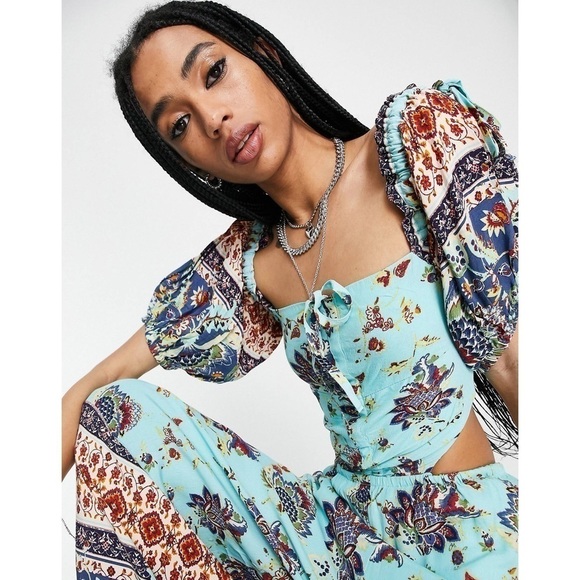 FREE People Blue Paisley Puff Sleeves Wide legs Jumpsuit size XS - Picture 9 of 11